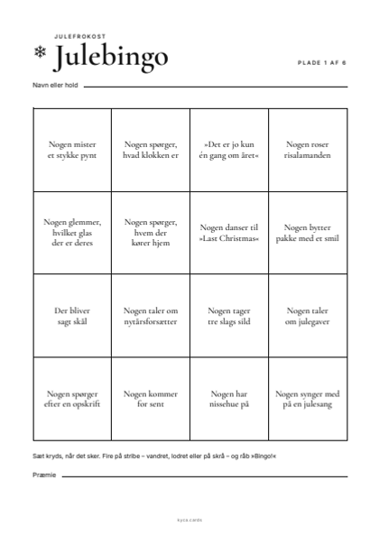 En julebingo-plade med 16 felter, et øjeblik fra julefrokosten i hvert, og linjer til navn og præmie.