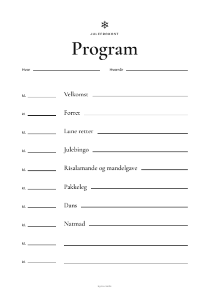 Programarket: overskriften Program, linjer til sted og tidspunkt og aftenens punkter med en linje til klokkeslættet ved hvert.